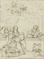 An illustration from Annales du musée et de l'école moderne des beaux-arts : recueil de gravures au trait, d'après les principaux ouvrages de peinture, sculpture, ou projets d'architecture, qui, chaque année, ont remporté le prix, soit aux écoles spéciales, soit aux concours nationaux : les productions des artistes en tous genres, qui, aux différentes expositions, ont été citées avec éloges : les morceaux les plus estimés ou inédits de la galerie de peinture : la suite complète de celle des antiques : édifices anciens et modernes, etc. (1800)