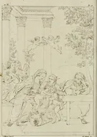 An illustration from Annales du musée et de l'école moderne des beaux-arts : recueil de gravures au trait, d'après les principaux ouvrages de peinture, sculpture, ou projets d'architecture, qui, chaque année, ont remporté le prix, soit aux écoles spéciales, soit aux concours nationaux : les productions des artistes en tous genres, qui, aux différentes expositions, ont été citées avec éloges : les morceaux les plus estimés ou inédits de la galerie de peinture : la suite complète de celle des antiques : édifices anciens et modernes, etc. (1800)