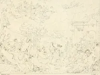 An illustration from Annales du musée et de l'école moderne des beaux-arts : recueil de gravures au trait, d'après les principaux ouvrages de peinture, sculpture, ou projets d'architecture, qui, chaque année, ont remporté le prix, soit aux écoles spéciales, soit aux concours nationaux : les productions des artistes en tous genres, qui, aux différentes expositions, ont été citées avec éloges : les morceaux les plus estimés ou inédits de la galerie de peinture : la suite complète de celle des antiques : édifices anciens et modernes, etc. (1800)