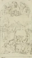 An illustration from Annales du musée et de l'école moderne des beaux-arts : recueil de gravures au trait, d'après les principaux ouvrages de peinture, sculpture, ou projets d'architecture, qui, chaque année, ont remporté le prix, soit aux écoles spéciales, soit aux concours nationaux : les productions des artistes en tous genres, qui, aux différentes expositions, ont été citées avec éloges : les morceaux les plus estimés ou inédits de la galerie de peinture : la suite complète de celle des antiques : édifices anciens et modernes, etc. (1800)