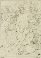 An illustration from Annales du musée et de l'école moderne des beaux-arts : recueil de gravures au trait, d'après les principaux ouvrages de peinture, sculpture, ou projets d'architecture, qui, chaque année, ont remporté le prix, soit aux écoles spéciales, soit aux concours nationaux : les productions des artistes en tous genres, qui, aux différentes expositions, ont été citées avec éloges : les morceaux les plus estimés ou inédits de la galerie de peinture : la suite complète de celle des antiques : édifices anciens et modernes, etc. (1800)