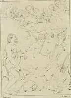 An illustration from Annales du musée et de l'école moderne des beaux-arts : recueil de gravures au trait, d'après les principaux ouvrages de peinture, sculpture, ou projets d'architecture, qui, chaque année, ont remporté le prix, soit aux écoles spéciales, soit aux concours nationaux : les productions des artistes en tous genres, qui, aux différentes expositions, ont été citées avec éloges : les morceaux les plus estimés ou inédits de la galerie de peinture : la suite complète de celle des antiques : édifices anciens et modernes, etc. (1800)