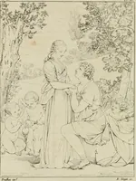An illustration from Annales du musée et de l'école moderne des beaux-arts : recueil de gravures au trait, d'après les principaux ouvrages de peinture, sculpture, ou projets d'architecture, qui, chaque année, ont remporté le prix, soit aux écoles spéciales, soit aux concours nationaux : les productions des artistes en tous genres, qui, aux différentes expositions, ont été citées avec éloges : les morceaux les plus estimés ou inédits de la galerie de peinture : la suite complète de celle des antiques : édifices anciens et modernes, etc. (1800)