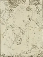 An illustration from Annales du musée et de l'école moderne des beaux-arts : recueil de gravures au trait, d'après les principaux ouvrages de peinture, sculpture, ou projets d'architecture, qui, chaque année, ont remporté le prix, soit aux écoles spéciales, soit aux concours nationaux : les productions des artistes en tous genres, qui, aux différentes expositions, ont été citées avec éloges : les morceaux les plus estimés ou inédits de la galerie de peinture : la suite complète de celle des antiques : édifices anciens et modernes, etc. (1800)