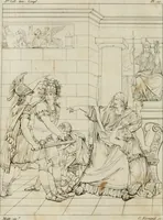 An illustration from Annales du musée et de l'école moderne des beaux-arts : recueil de gravures au trait, d'après les principaux ouvrages de peinture, sculpture, ou projets d'architecture, qui, chaque année, ont remporté le prix, soit aux écoles spéciales, soit aux concours nationaux : les productions des artistes en tous genres, qui, aux différentes expositions, ont été citées avec éloges : les morceaux les plus estimés ou inédits de la galerie de peinture : la suite complète de celle des antiques : édifices anciens et modernes, etc. (1800)
