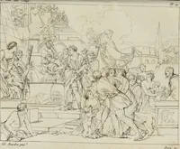 An illustration from Annales du musée et de l'école moderne des beaux-arts : recueil de gravures au trait, d'après les principaux ouvrages de peinture, sculpture, ou projets d'architecture, qui, chaque année, ont remporté le prix, soit aux écoles spéciales, soit aux concours nationaux : les productions des artistes en tous genres, qui, aux différentes expositions, ont été citées avec éloges : les morceaux les plus estimés ou inédits de la galerie de peinture : la suite complète de celle des antiques : édifices anciens et modernes, etc. (1800)