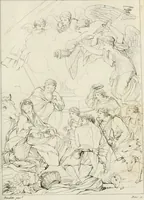 An illustration from Annales du musée et de l'école moderne des beaux-arts : recueil de gravures au trait, d'après les principaux ouvrages de peinture, sculpture, ou projets d'architecture, qui, chaque année, ont remporté le prix, soit aux écoles spéciales, soit aux concours nationaux : les productions des artistes en tous genres, qui, aux différentes expositions, ont été citées avec éloges : les morceaux les plus estimés ou inédits de la galerie de peinture : la suite complète de celle des antiques : édifices anciens et modernes, etc. (1800)