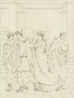An illustration from Annales du musée et de l'école moderne des beaux-arts : recueil de gravures au trait, d'après les principaux ouvrages de peinture, sculpture, ou projets d'architecture, qui, chaque année, ont remporté le prix, soit aux écoles spéciales, soit aux concours nationaux : les productions des artistes en tous genres, qui, aux différentes expositions, ont été citées avec éloges : les morceaux les plus estimés ou inédits de la galerie de peinture : la suite complète de celle des antiques : édifices anciens et modernes, etc. (1800)