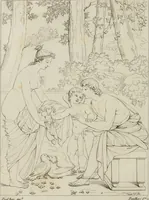 An illustration from Annales du musée et de l'école moderne des beaux-arts : recueil de gravures au trait, d'après les principaux ouvrages de peinture, sculpture, ou projets d'architecture, qui, chaque année, ont remporté le prix, soit aux écoles spéciales, soit aux concours nationaux : les productions des artistes en tous genres, qui, aux différentes expositions, ont été citées avec éloges : les morceaux les plus estimés ou inédits de la galerie de peinture : la suite complète de celle des antiques : édifices anciens et modernes, etc. (1800)