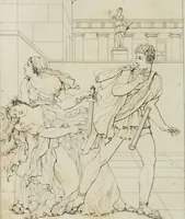 An illustration from Annales du musée et de l'école moderne des beaux-arts : recueil de gravures au trait, d'après les principaux ouvrages de peinture, sculpture, ou projets d'architecture, qui, chaque année, ont remporté le prix, soit aux écoles spéciales, soit aux concours nationaux : les productions des artistes en tous genres, qui, aux différentes expositions, ont été citées avec éloges : les morceaux les plus estimés ou inédits de la galerie de peinture : la suite complète de celle des antiques : édifices anciens et modernes, etc. (1800)