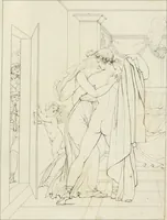 An illustration from Annales du musée et de l'école moderne des beaux-arts : recueil de gravures au trait, d'après les principaux ouvrages de peinture, sculpture, ou projets d'architecture, qui, chaque année, ont remporté le prix, soit aux écoles spéciales, soit aux concours nationaux : les productions des artistes en tous genres, qui, aux différentes expositions, ont été citées avec éloges : les morceaux les plus estimés ou inédits de la galerie de peinture : la suite complète de celle des antiques : édifices anciens et modernes, etc. (1800)