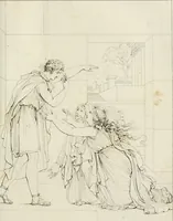 An illustration from Annales du musée et de l'école moderne des beaux-arts : recueil de gravures au trait, d'après les principaux ouvrages de peinture, sculpture, ou projets d'architecture, qui, chaque année, ont remporté le prix, soit aux écoles spéciales, soit aux concours nationaux : les productions des artistes en tous genres, qui, aux différentes expositions, ont été citées avec éloges : les morceaux les plus estimés ou inédits de la galerie de peinture : la suite complète de celle des antiques : édifices anciens et modernes, etc. (1800)