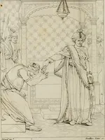 An illustration from Annales du musée et de l'école moderne des beaux-arts : recueil de gravures au trait, d'après les principaux ouvrages de peinture, sculpture, ou projets d'architecture, qui, chaque année, ont remporté le prix, soit aux écoles spéciales, soit aux concours nationaux : les productions des artistes en tous genres, qui, aux différentes expositions, ont été citées avec éloges : les morceaux les plus estimés ou inédits de la galerie de peinture : la suite complète de celle des antiques : édifices anciens et modernes, etc. (1800)