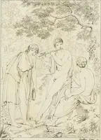 An illustration from Annales du musée et de l'école moderne des beaux-arts : recueil de gravures au trait, d'après les principaux ouvrages de peinture, sculpture, ou projets d'architecture, qui, chaque année, ont remporté le prix, soit aux écoles spéciales, soit aux concours nationaux : les productions des artistes en tous genres, qui, aux différentes expositions, ont été citées avec éloges : les morceaux les plus estimés ou inédits de la galerie de peinture : la suite complète de celle des antiques : édifices anciens et modernes, etc. (1800)