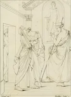 An illustration from Annales du musée et de l'école moderne des beaux-arts : recueil de gravures au trait, d'après les principaux ouvrages de peinture, sculpture, ou projets d'architecture, qui, chaque année, ont remporté le prix, soit aux écoles spéciales, soit aux concours nationaux : les productions des artistes en tous genres, qui, aux différentes expositions, ont été citées avec éloges : les morceaux les plus estimés ou inédits de la galerie de peinture : la suite complète de celle des antiques : édifices anciens et modernes, etc. (1800)
