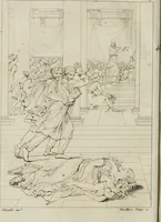 An illustration from Annales du musée et de l'école moderne des beaux-arts : recueil de gravures au trait, d'après les principaux ouvrages de peinture, sculpture, ou projets d'architecture, qui, chaque année, ont remporté le prix, soit aux écoles spéciales, soit aux concours nationaux : les productions des artistes en tous genres, qui, aux différentes expositions, ont été citées avec éloges : les morceaux les plus estimés ou inédits de la galerie de peinture : la suite complète de celle des antiques : édifices anciens et modernes, etc. (1800)