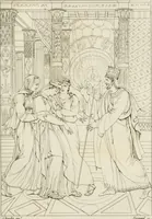 An illustration from Annales du musée et de l'école moderne des beaux-arts : recueil de gravures au trait, d'après les principaux ouvrages de peinture, sculpture, ou projets d'architecture, qui, chaque année, ont remporté le prix, soit aux écoles spéciales, soit aux concours nationaux : les productions des artistes en tous genres, qui, aux différentes expositions, ont été citées avec éloges : les morceaux les plus estimés ou inédits de la galerie de peinture : la suite complète de celle des antiques : édifices anciens et modernes, etc. (1800)