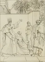 An illustration from Annales du musée et de l'école moderne des beaux-arts : recueil de gravures au trait, d'après les principaux ouvrages de peinture, sculpture, ou projets d'architecture, qui, chaque année, ont remporté le prix, soit aux écoles spéciales, soit aux concours nationaux : les productions des artistes en tous genres, qui, aux différentes expositions, ont été citées avec éloges : les morceaux les plus estimés ou inédits de la galerie de peinture : la suite complète de celle des antiques : édifices anciens et modernes, etc. (1800)