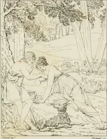 An illustration from Annales du musée et de l'école moderne des beaux-arts : recueil de gravures au trait, d'après les principaux ouvrages de peinture, sculpture, ou projets d'architecture, qui, chaque année, ont remporté le prix, soit aux écoles spéciales, soit aux concours nationaux : les productions des artistes en tous genres, qui, aux différentes expositions, ont été citées avec éloges : les morceaux les plus estimés ou inédits de la galerie de peinture : la suite complète de celle des antiques : édifices anciens et modernes, etc. (1800)