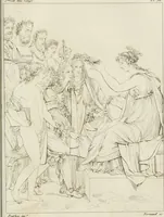 An illustration from Annales du musée et de l'école moderne des beaux-arts : recueil de gravures au trait, d'après les principaux ouvrages de peinture, sculpture, ou projets d'architecture, qui, chaque année, ont remporté le prix, soit aux écoles spéciales, soit aux concours nationaux : les productions des artistes en tous genres, qui, aux différentes expositions, ont été citées avec éloges : les morceaux les plus estimés ou inédits de la galerie de peinture : la suite complète de celle des antiques : édifices anciens et modernes, etc. (1800)