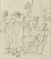 An illustration from Annales du musée et de l'école moderne des beaux-arts : recueil de gravures au trait, d'après les principaux ouvrages de peinture, sculpture, ou projets d'architecture, qui, chaque année, ont remporté le prix, soit aux écoles spéciales, soit aux concours nationaux : les productions des artistes en tous genres, qui, aux différentes expositions, ont été citées avec éloges : les morceaux les plus estimés ou inédits de la galerie de peinture : la suite complète de celle des antiques : édifices anciens et modernes, etc. (1800)
