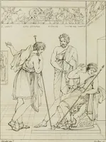 An illustration from Annales du musée et de l'école moderne des beaux-arts : recueil de gravures au trait, d'après les principaux ouvrages de peinture, sculpture, ou projets d'architecture, qui, chaque année, ont remporté le prix, soit aux écoles spéciales, soit aux concours nationaux : les productions des artistes en tous genres, qui, aux différentes expositions, ont été citées avec éloges : les morceaux les plus estimés ou inédits de la galerie de peinture : la suite complète de celle des antiques : édifices anciens et modernes, etc. (1800)