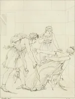 An illustration from Annales du musée et de l'école moderne des beaux-arts : recueil de gravures au trait, d'après les principaux ouvrages de peinture, sculpture, ou projets d'architecture, qui, chaque année, ont remporté le prix, soit aux écoles spéciales, soit aux concours nationaux : les productions des artistes en tous genres, qui, aux différentes expositions, ont été citées avec éloges : les morceaux les plus estimés ou inédits de la galerie de peinture : la suite complète de celle des antiques : édifices anciens et modernes, etc. (1800)