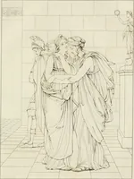 An illustration from Annales du musée et de l'école moderne des beaux-arts : recueil de gravures au trait, d'après les principaux ouvrages de peinture, sculpture, ou projets d'architecture, qui, chaque année, ont remporté le prix, soit aux écoles spéciales, soit aux concours nationaux : les productions des artistes en tous genres, qui, aux différentes expositions, ont été citées avec éloges : les morceaux les plus estimés ou inédits de la galerie de peinture : la suite complète de celle des antiques : édifices anciens et modernes, etc. (1800)