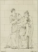 An illustration from Annales du musée et de l'école moderne des beaux-arts : recueil de gravures au trait, d'après les principaux ouvrages de peinture, sculpture, ou projets d'architecture, qui, chaque année, ont remporté le prix, soit aux écoles spéciales, soit aux concours nationaux : les productions des artistes en tous genres, qui, aux différentes expositions, ont été citées avec éloges : les morceaux les plus estimés ou inédits de la galerie de peinture : la suite complète de celle des antiques : édifices anciens et modernes, etc. (1800)