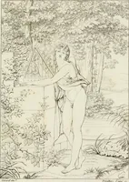 An illustration from Annales du musée et de l'école moderne des beaux-arts : recueil de gravures au trait, d'après les principaux ouvrages de peinture, sculpture, ou projets d'architecture, qui, chaque année, ont remporté le prix, soit aux écoles spéciales, soit aux concours nationaux : les productions des artistes en tous genres, qui, aux différentes expositions, ont été citées avec éloges : les morceaux les plus estimés ou inédits de la galerie de peinture : la suite complète de celle des antiques : édifices anciens et modernes, etc. (1800)