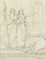 An illustration from Annales du musée et de l'école moderne des beaux-arts : recueil de gravures au trait, d'après les principaux ouvrages de peinture, sculpture, ou projets d'architecture, qui, chaque année, ont remporté le prix, soit aux écoles spéciales, soit aux concours nationaux : les productions des artistes en tous genres, qui, aux différentes expositions, ont été citées avec éloges : les morceaux les plus estimés ou inédits de la galerie de peinture : la suite complète de celle des antiques : édifices anciens et modernes, etc. (1800)