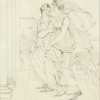 An illustration from Annales du musée et de l'école moderne des beaux-arts : recueil de gravures au trait, d'après les principaux ouvrages de peinture, sculpture, ou projets d'architecture, qui, chaque année, ont remporté le prix, soit aux écoles spéciales, soit aux concours nationaux : les productions des artistes en tous genres, qui, aux différentes expositions, ont été citées avec éloges : les morceaux les plus estimés ou inédits de la galerie de peinture : la suite complète de celle des antiques : édifices anciens et modernes, etc. (1800)