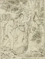 An illustration from Annales du musée et de l'école moderne des beaux-arts : recueil de gravures au trait, d'après les principaux ouvrages de peinture, sculpture, ou projets d'architecture, qui, chaque année, ont remporté le prix, soit aux écoles spéciales, soit aux concours nationaux : les productions des artistes en tous genres, qui, aux différentes expositions, ont été citées avec éloges : les morceaux les plus estimés ou inédits de la galerie de peinture : la suite complète de celle des antiques : édifices anciens et modernes, etc. (1800)