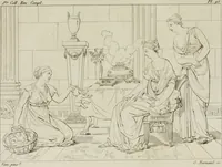 An illustration from Annales du musée et de l'école moderne des beaux-arts : recueil de gravures au trait, d'après les principaux ouvrages de peinture, sculpture, ou projets d'architecture, qui, chaque année, ont remporté le prix, soit aux écoles spéciales, soit aux concours nationaux : les productions des artistes en tous genres, qui, aux différentes expositions, ont été citées avec éloges : les morceaux les plus estimés ou inédits de la galerie de peinture : la suite complète de celle des antiques : édifices anciens et modernes, etc. (1800)