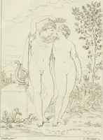 An illustration from Annales du musée et de l'école moderne des beaux-arts : recueil de gravures au trait, d'après les principaux ouvrages de peinture, sculpture, ou projets d'architecture, qui, chaque année, ont remporté le prix, soit aux écoles spéciales, soit aux concours nationaux : les productions des artistes en tous genres, qui, aux différentes expositions, ont été citées avec éloges : les morceaux les plus estimés ou inédits de la galerie de peinture : la suite complète de celle des antiques : édifices anciens et modernes, etc. (1800)