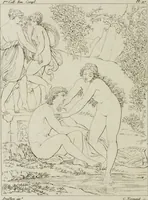 An illustration from Annales du musée et de l'école moderne des beaux-arts : recueil de gravures au trait, d'après les principaux ouvrages de peinture, sculpture, ou projets d'architecture, qui, chaque année, ont remporté le prix, soit aux écoles spéciales, soit aux concours nationaux : les productions des artistes en tous genres, qui, aux différentes expositions, ont été citées avec éloges : les morceaux les plus estimés ou inédits de la galerie de peinture : la suite complète de celle des antiques : édifices anciens et modernes, etc. (1800)
