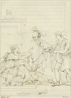 An illustration from Annales du musée et de l'école moderne des beaux-arts : recueil de gravures au trait, d'après les principaux ouvrages de peinture, sculpture, ou projets d'architecture, qui, chaque année, ont remporté le prix, soit aux écoles spéciales, soit aux concours nationaux : les productions des artistes en tous genres, qui, aux différentes expositions, ont été citées avec éloges : les morceaux les plus estimés ou inédits de la galerie de peinture : la suite complète de celle des antiques : édifices anciens et modernes, etc. (1800)