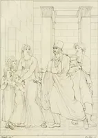 An illustration from Annales du musée et de l'école moderne des beaux-arts : recueil de gravures au trait, d'après les principaux ouvrages de peinture, sculpture, ou projets d'architecture, qui, chaque année, ont remporté le prix, soit aux écoles spéciales, soit aux concours nationaux : les productions des artistes en tous genres, qui, aux différentes expositions, ont été citées avec éloges : les morceaux les plus estimés ou inédits de la galerie de peinture : la suite complète de celle des antiques : édifices anciens et modernes, etc. (1800)