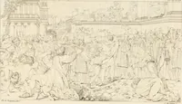 An illustration from Annales du musée et de l'école moderne des beaux-arts : recueil de gravures au trait, d'après les principaux ouvrages de peinture, sculpture, ou projets d'architecture, qui, chaque année, ont remporté le prix, soit aux écoles spéciales, soit aux concours nationaux : les productions des artistes en tous genres, qui, aux différentes expositions, ont été citées avec éloges : les morceaux les plus estimés ou inédits de la galerie de peinture : la suite complète de celle des antiques : édifices anciens et modernes, etc. (1800)