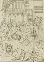 An illustration from Annales du musée et de l'école moderne des beaux-arts : recueil de gravures au trait, d'après les principaux ouvrages de peinture, sculpture, ou projets d'architecture, qui, chaque année, ont remporté le prix, soit aux écoles spéciales, soit aux concours nationaux : les productions des artistes en tous genres, qui, aux différentes expositions, ont été citées avec éloges : les morceaux les plus estimés ou inédits de la galerie de peinture : la suite complète de celle des antiques : édifices anciens et modernes, etc. (1800)