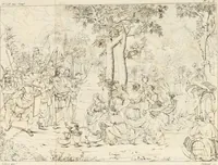 An illustration from Annales du musée et de l'école moderne des beaux-arts : recueil de gravures au trait, d'après les principaux ouvrages de peinture, sculpture, ou projets d'architecture, qui, chaque année, ont remporté le prix, soit aux écoles spéciales, soit aux concours nationaux : les productions des artistes en tous genres, qui, aux différentes expositions, ont été citées avec éloges : les morceaux les plus estimés ou inédits de la galerie de peinture : la suite complète de celle des antiques : édifices anciens et modernes, etc. (1800)