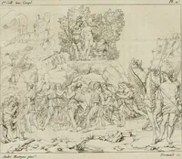 An illustration from Annales du musée et de l'école moderne des beaux-arts : recueil de gravures au trait, d'après les principaux ouvrages de peinture, sculpture, ou projets d'architecture, qui, chaque année, ont remporté le prix, soit aux écoles spéciales, soit aux concours nationaux : les productions des artistes en tous genres, qui, aux différentes expositions, ont été citées avec éloges : les morceaux les plus estimés ou inédits de la galerie de peinture : la suite complète de celle des antiques : édifices anciens et modernes, etc. (1800)