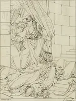 An illustration from Annales du musée et de l'école moderne des beaux-arts : recueil de gravures au trait, d'après les principaux ouvrages de peinture, sculpture, ou projets d'architecture, qui, chaque année, ont remporté le prix, soit aux écoles spéciales, soit aux concours nationaux : les productions des artistes en tous genres, qui, aux différentes expositions, ont été citées avec éloges : les morceaux les plus estimés ou inédits de la galerie de peinture : la suite complète de celle des antiques : édifices anciens et modernes, etc. (1800)