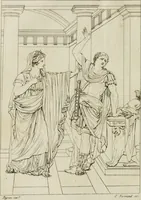 An illustration from Annales du musée et de l'école moderne des beaux-arts : recueil de gravures au trait, d'après les principaux ouvrages de peinture, sculpture, ou projets d'architecture, qui, chaque année, ont remporté le prix, soit aux écoles spéciales, soit aux concours nationaux : les productions des artistes en tous genres, qui, aux différentes expositions, ont été citées avec éloges : les morceaux les plus estimés ou inédits de la galerie de peinture : la suite complète de celle des antiques : édifices anciens et modernes, etc. (1800)