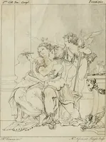 An illustration from Annales du musée et de l'école moderne des beaux-arts : recueil de gravures au trait, d'après les principaux ouvrages de peinture, sculpture, ou projets d'architecture, qui, chaque année, ont remporté le prix, soit aux écoles spéciales, soit aux concours nationaux : les productions des artistes en tous genres, qui, aux différentes expositions, ont été citées avec éloges : les morceaux les plus estimés ou inédits de la galerie de peinture : la suite complète de celle des antiques : édifices anciens et modernes, etc. (1800)