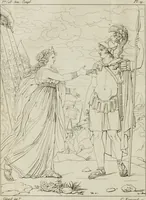 An illustration from Annales du musée et de l'école moderne des beaux-arts : recueil de gravures au trait, d'après les principaux ouvrages de peinture, sculpture, ou projets d'architecture, qui, chaque année, ont remporté le prix, soit aux écoles spéciales, soit aux concours nationaux : les productions des artistes en tous genres, qui, aux différentes expositions, ont été citées avec éloges : les morceaux les plus estimés ou inédits de la galerie de peinture : la suite complète de celle des antiques : édifices anciens et modernes, etc. (1800)