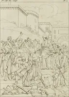 An illustration from Annales du musée et de l'école moderne des beaux-arts : recueil de gravures au trait, d'après les principaux ouvrages de peinture, sculpture, ou projets d'architecture, qui, chaque année, ont remporté le prix, soit aux écoles spéciales, soit aux concours nationaux : les productions des artistes en tous genres, qui, aux différentes expositions, ont été citées avec éloges : les morceaux les plus estimés ou inédits de la galerie de peinture : la suite complète de celle des antiques : édifices anciens et modernes, etc. (1800)