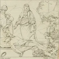 An illustration from Annales du musée et de l'école moderne des beaux-arts : recueil de gravures au trait, d'après les principaux ouvrages de peinture, sculpture, ou projets d'architecture, qui, chaque année, ont remporté le prix, soit aux écoles spéciales, soit aux concours nationaux : les productions des artistes en tous genres, qui, aux différentes expositions, ont été citées avec éloges : les morceaux les plus estimés ou inédits de la galerie de peinture : la suite complète de celle des antiques : édifices anciens et modernes, etc. (1800)