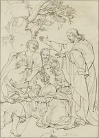 An illustration from Annales du musée et de l'école moderne des beaux-arts : recueil de gravures au trait, d'après les principaux ouvrages de peinture, sculpture, ou projets d'architecture, qui, chaque année, ont remporté le prix, soit aux écoles spéciales, soit aux concours nationaux : les productions des artistes en tous genres, qui, aux différentes expositions, ont été citées avec éloges : les morceaux les plus estimés ou inédits de la galerie de peinture : la suite complète de celle des antiques : édifices anciens et modernes, etc. (1800)