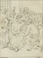 An illustration from Annales du musée et de l'école moderne des beaux-arts : recueil de gravures au trait, d'après les principaux ouvrages de peinture, sculpture, ou projets d'architecture, qui, chaque année, ont remporté le prix, soit aux écoles spéciales, soit aux concours nationaux : les productions des artistes en tous genres, qui, aux différentes expositions, ont été citées avec éloges : les morceaux les plus estimés ou inédits de la galerie de peinture : la suite complète de celle des antiques : édifices anciens et modernes, etc. (1800)